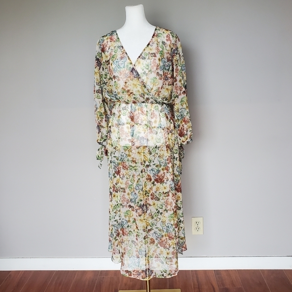 Zara Sheer Floral Cottagecore Tie Sleeve Romantic Flowy Crepe Overlay for Dress - Picture 8 of 8